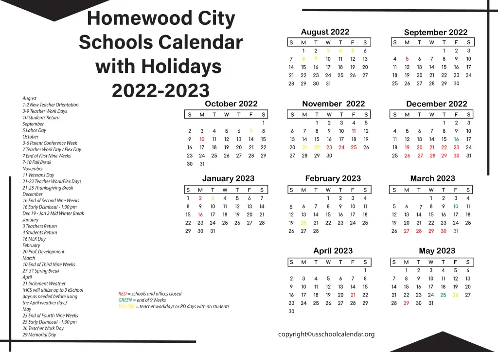 Homewood City Schools Calendar with Holidays 2022-2023