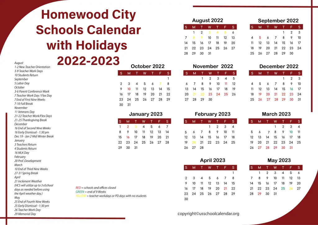 Homewood City Schools Calendar with Holidays 2022-2023 2