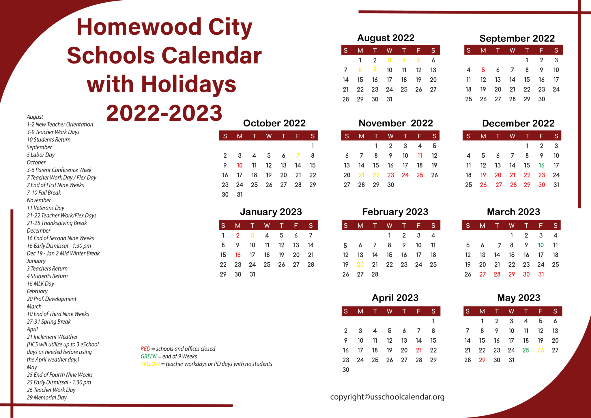 Homewood City Schools Calendar with Holidays 2023