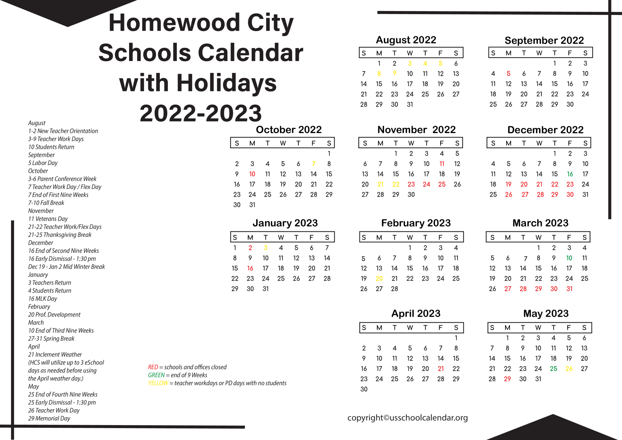 Homewood City Schools Calendar with Holidays 2023
