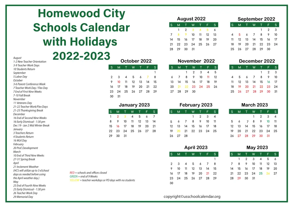 Homewood City Schools Calendar with Holidays 2022-2023 3