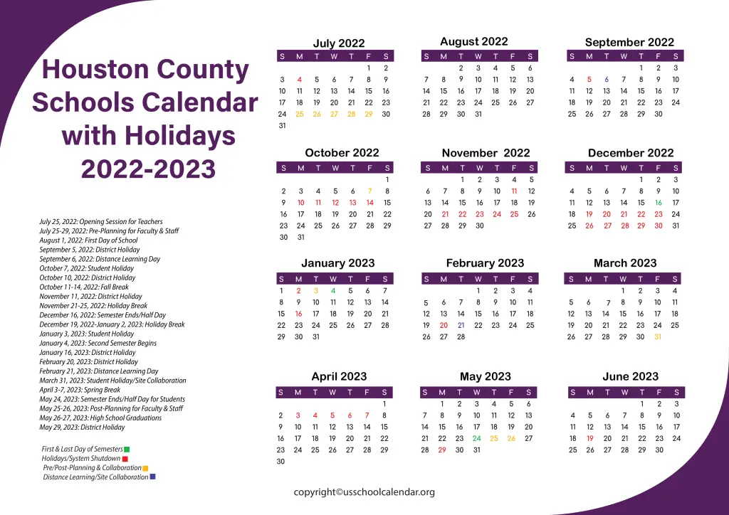 Houston County Schools Calendar with Holidays 2022-2023