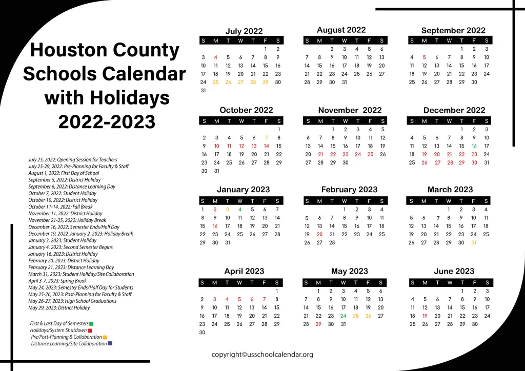 Houston County Schools Calendar with Holidays 2022-2023 2