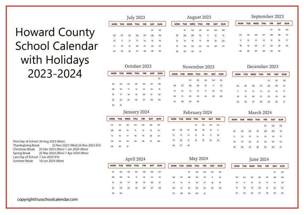 Howard County Public School Calendar