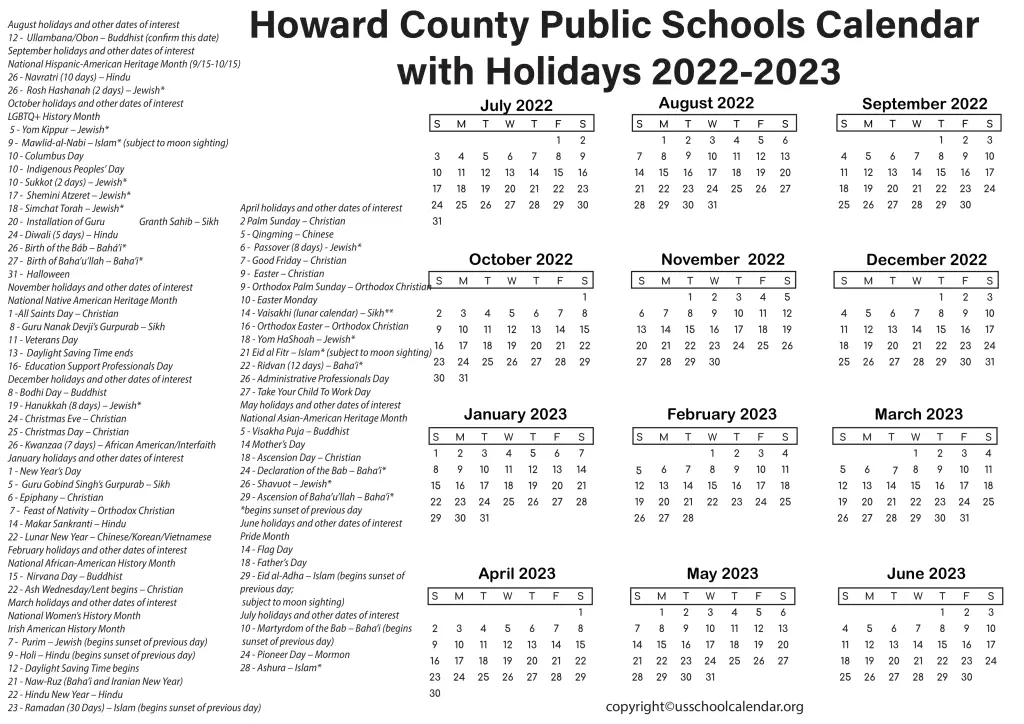 Howard County Public Schools Calendar with Holidays 2022-2023