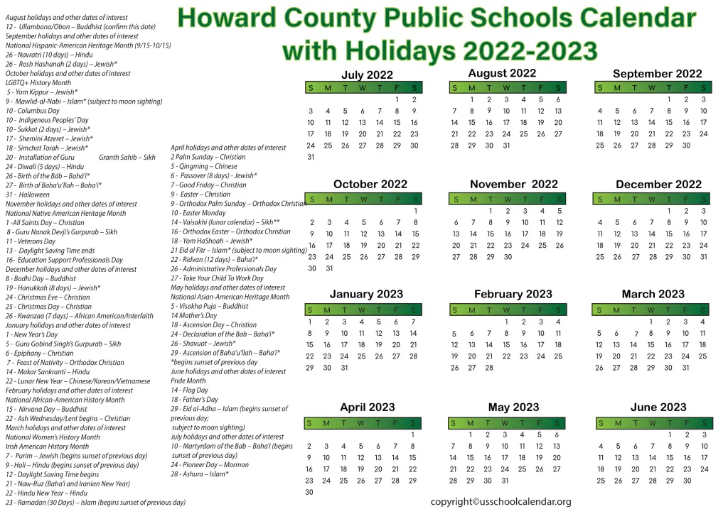 Howard County Public Schools Calendar with Holidays 2022-2023 2