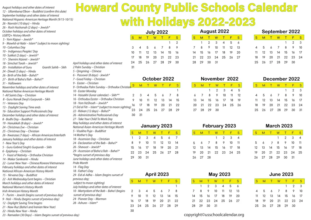 Howard County Public Schools Calendar with Holidays 2022-2023 3