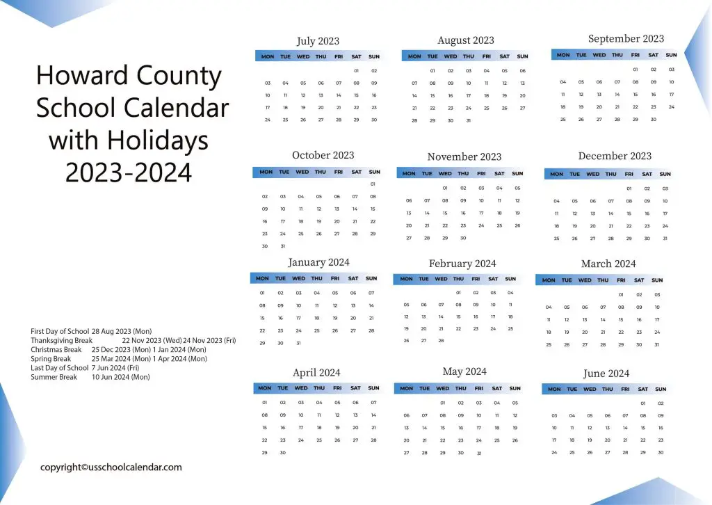 Howard County School Calendar