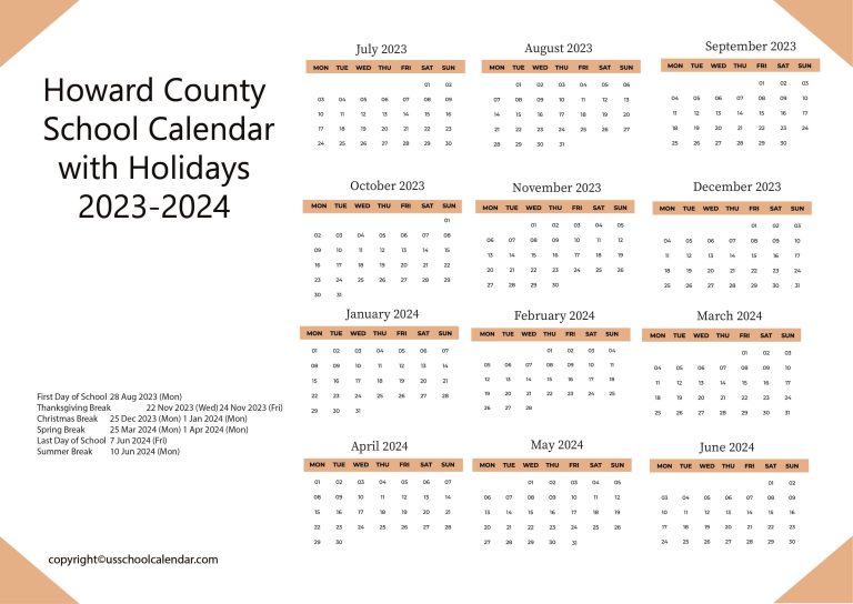 Howard County School Calendar with Holidays 20232024