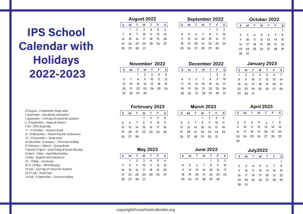 IPS School Calendar with Holidays 2022-2023