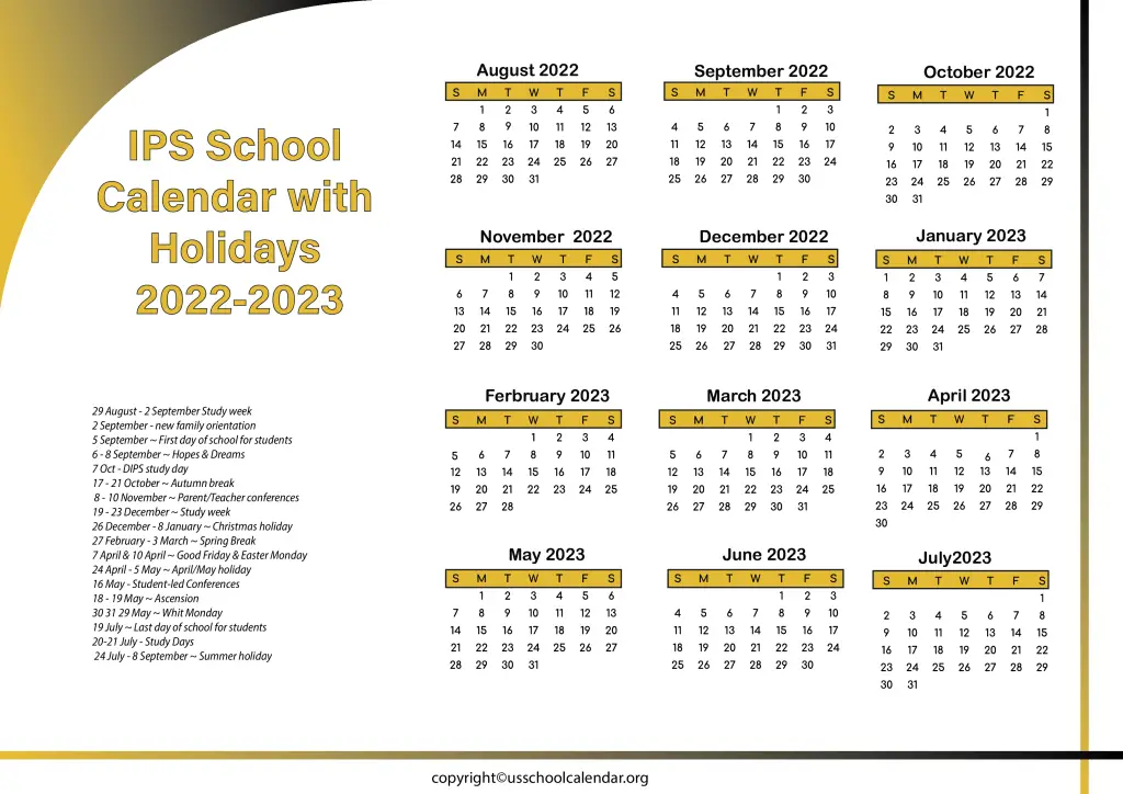 IPS School Calendar with Holidays 2022-2023 2
