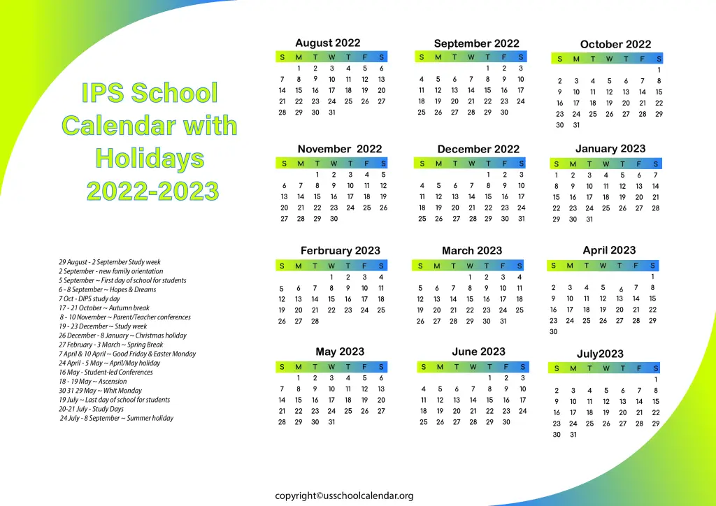 IPS School Calendar with Holidays 2022-2023 3
