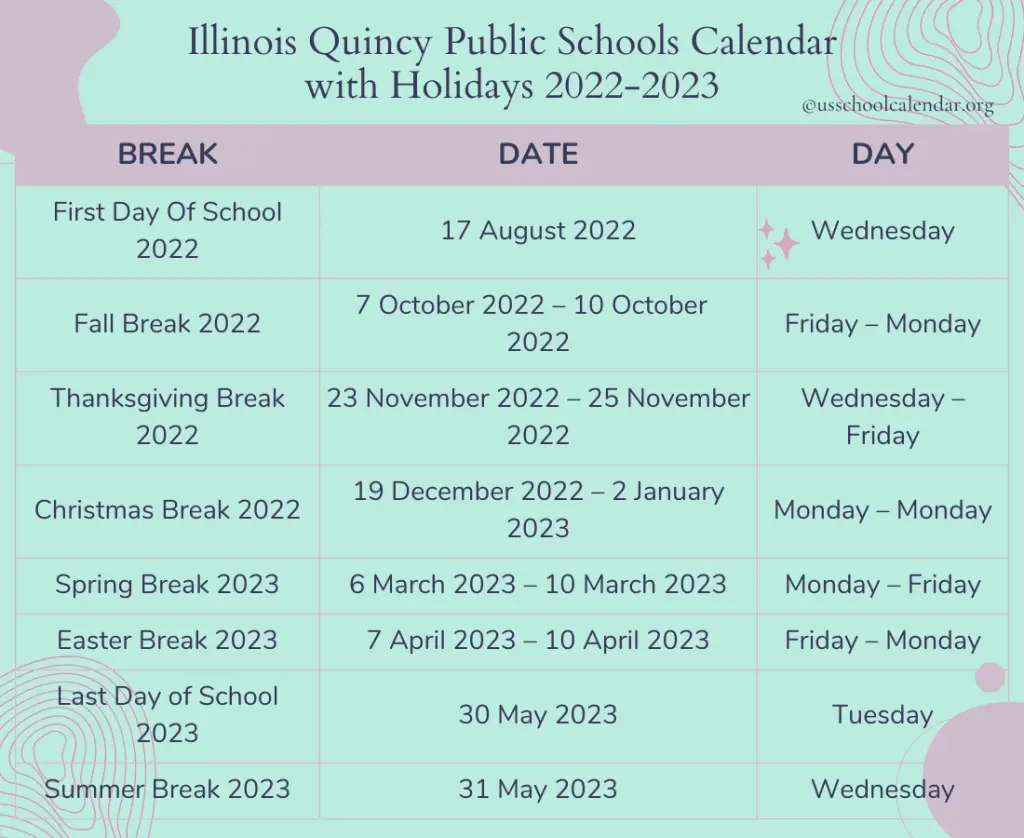 Illinois Quincy Public Schools Calendar with Holidays 2022-2023