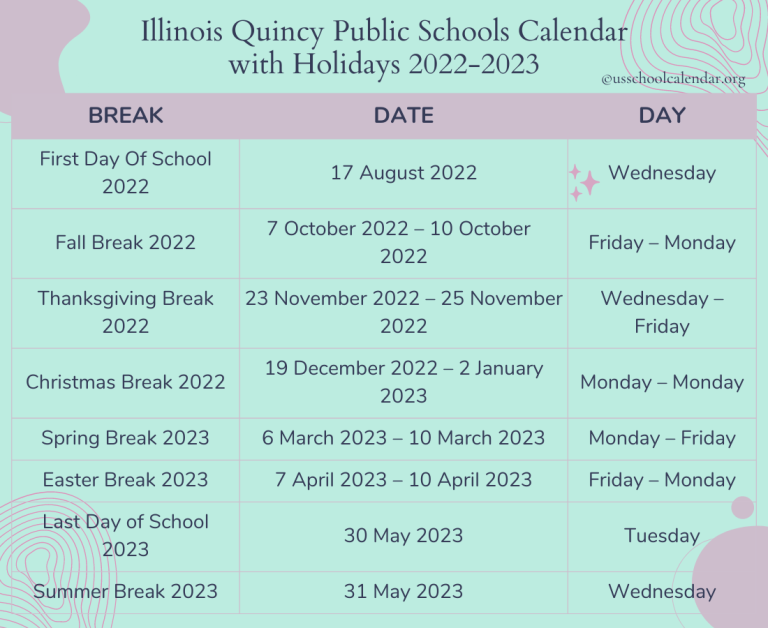 Illinois Quincy Public Schools Calendar with Holidays 2022 2023