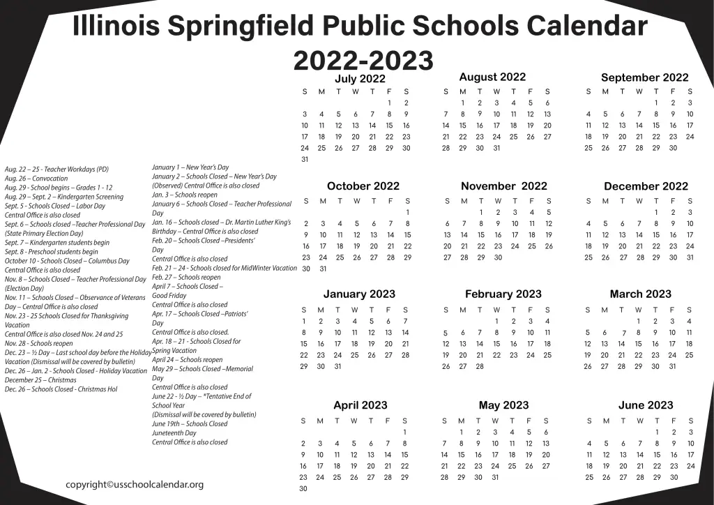 Illinois Springfield Public Schools Calendar 2022-2023