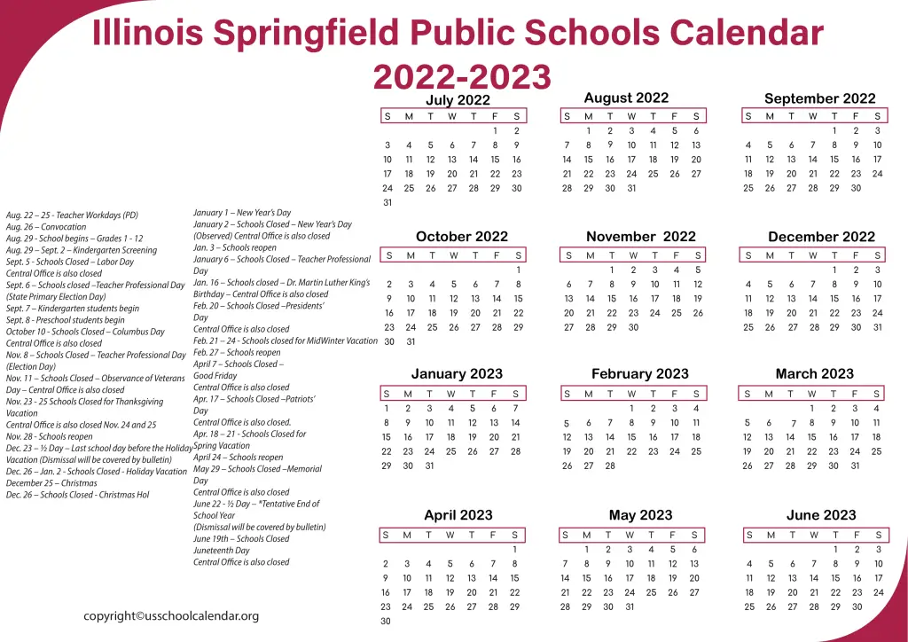 Illinois Springfield Public Schools Calendar 2022-2023 2