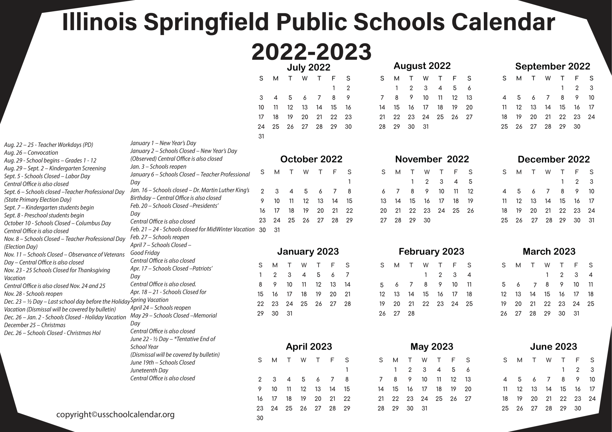 Illinois Springfield Public Schools Calendar 20222023