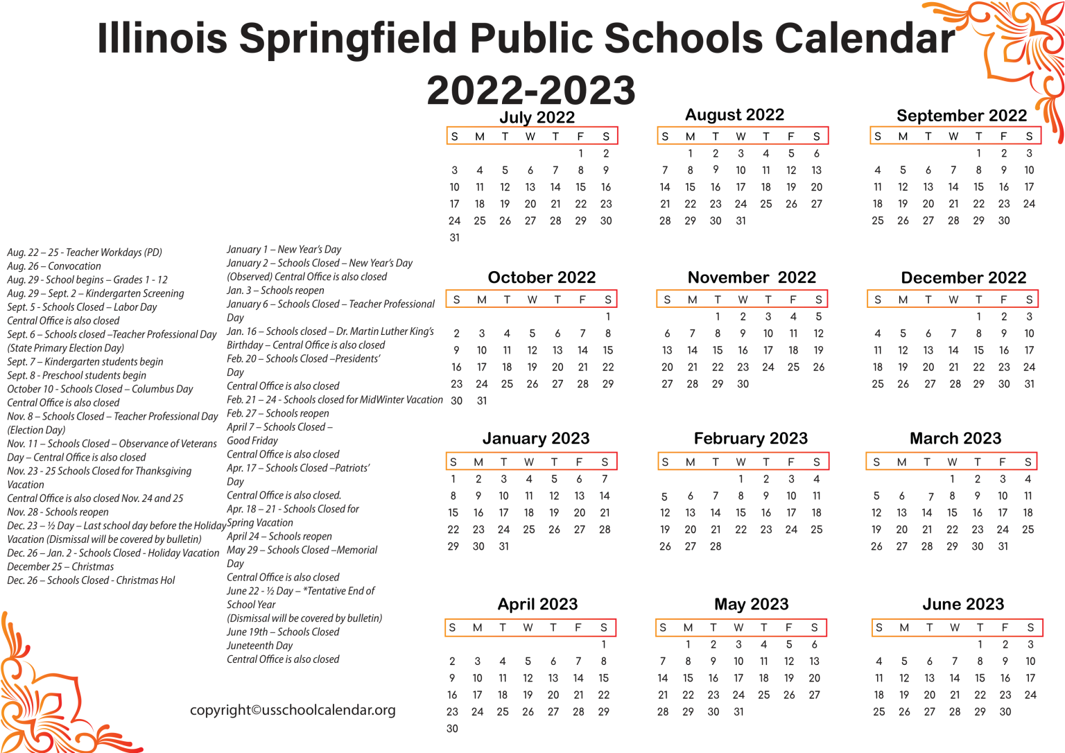 Illinois Springfield Public Schools Calendar 20222023