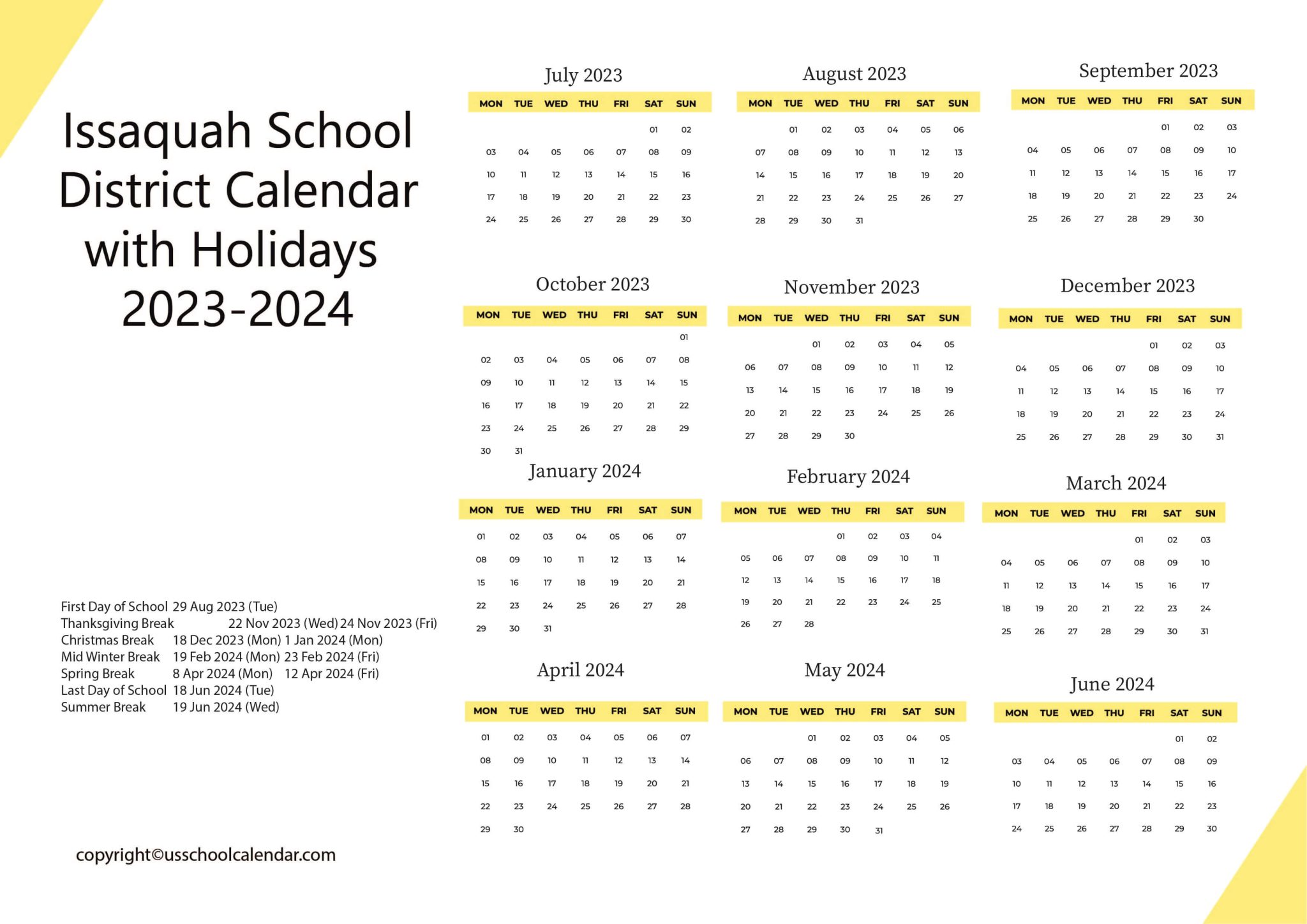 Issaquah School District Calendar with Holidays 20232024