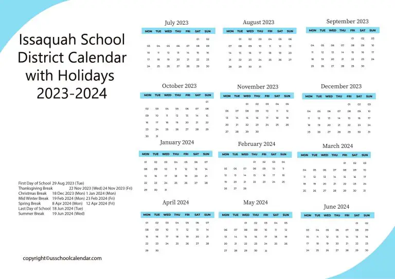 Issaquah School District Calendar with Holidays 20232024