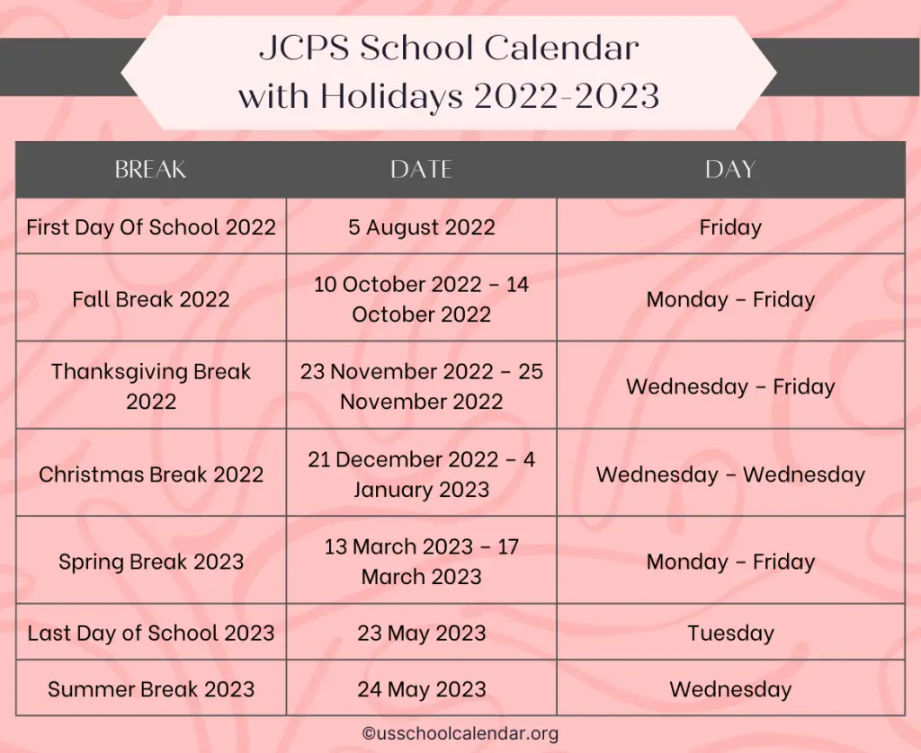 JCPS School Calendar with Holidays 20222023 [Jefferson County]