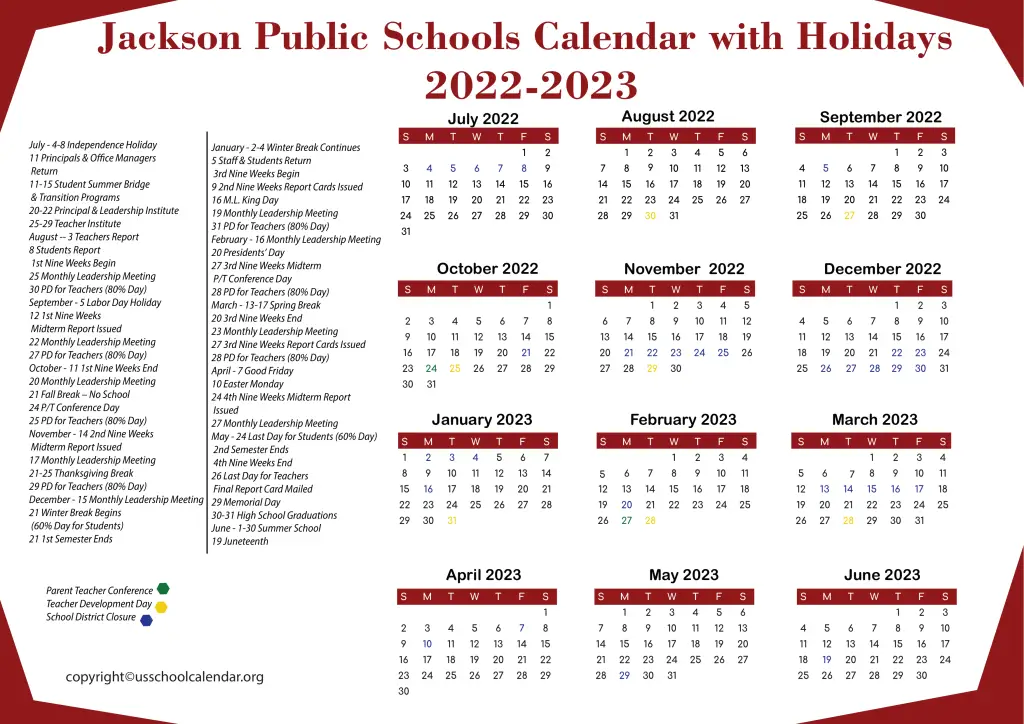Jackson Public Schools Calendar with Holidays 2022-2023