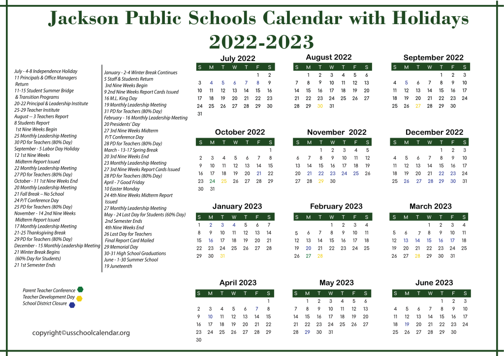 Jackson Public Schools Calendar with Holidays 2022-2023 3
