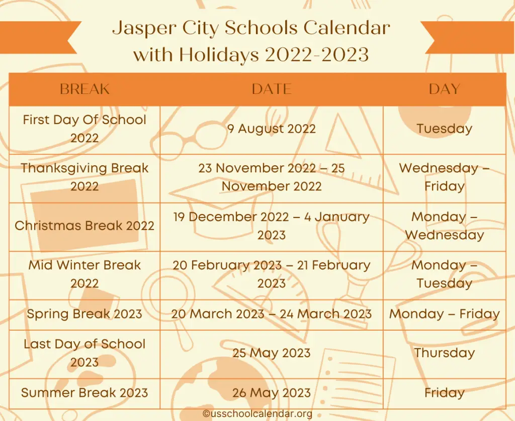 Jasper City Schools Calendar with Holidays 2022-2023