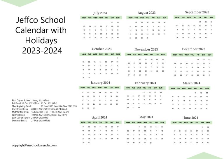 Jeffco School Calendar with Holidays 2023-2024