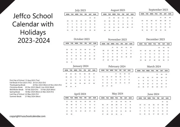 Jeffco School Calendar with Holidays 20232024