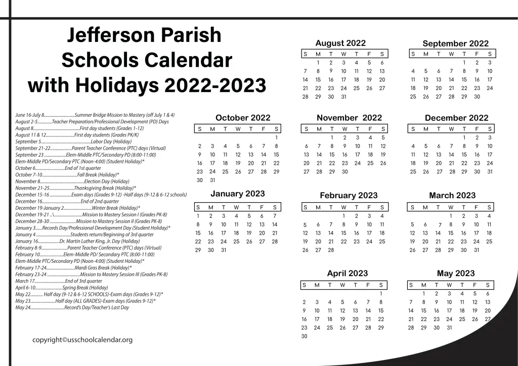 Jefferson Parish Schools Calendar with Holidays 2022-2023 2