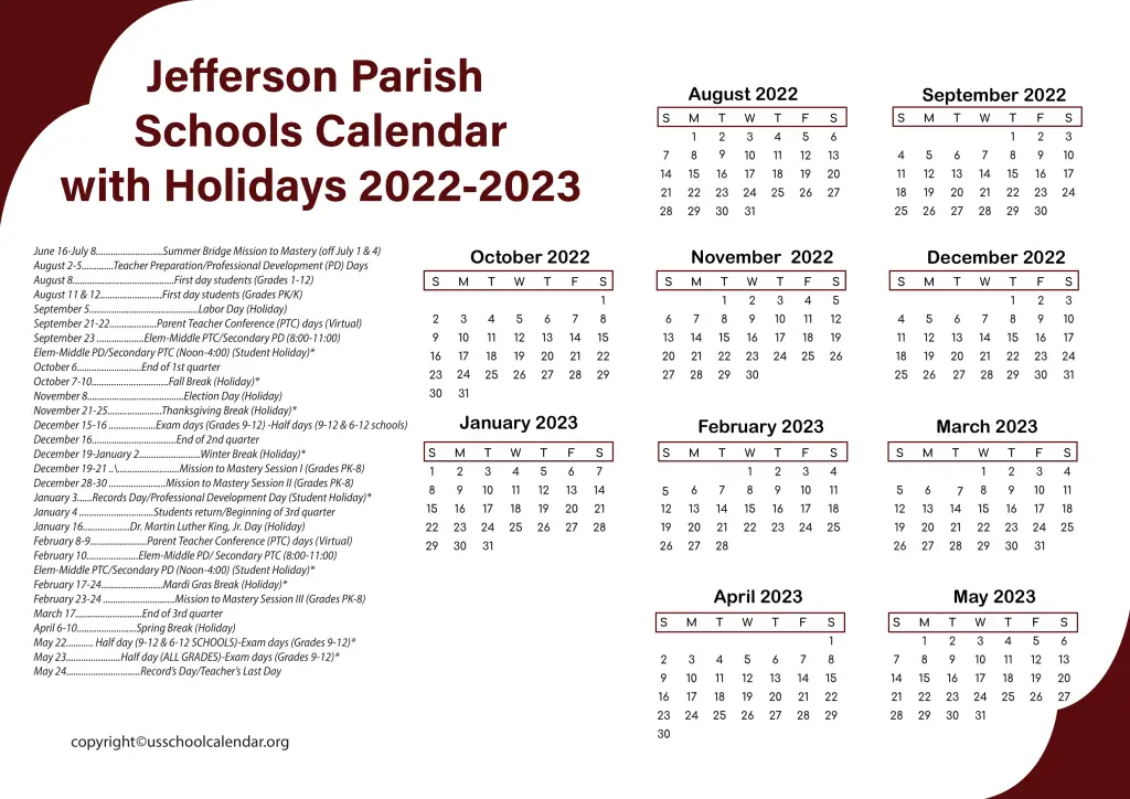Jefferson Parish Schools Calendar with Holidays 2022-2023 3