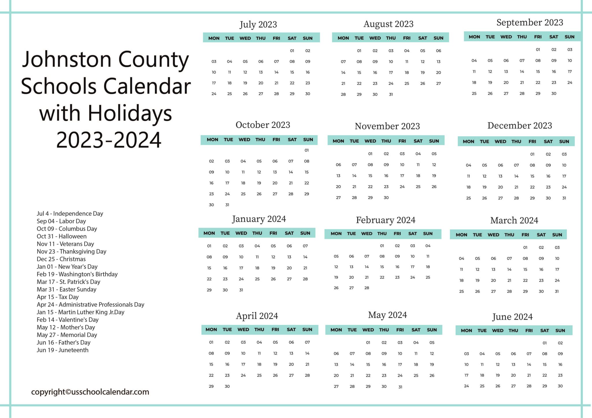 Johnston County Schools Calendar with Holidays 20232024