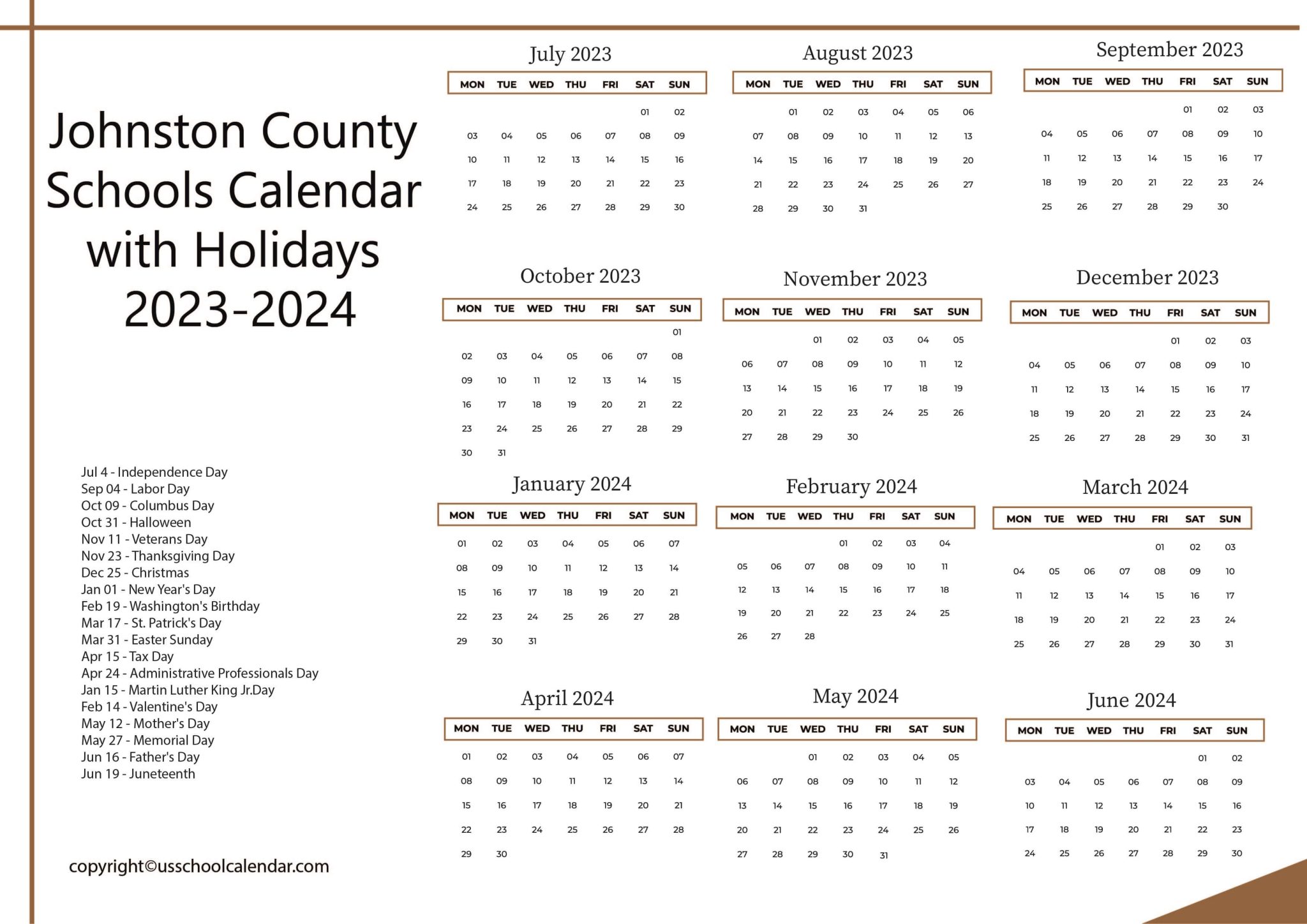 Johnston County Schools Calendar with Holidays 2023 2024