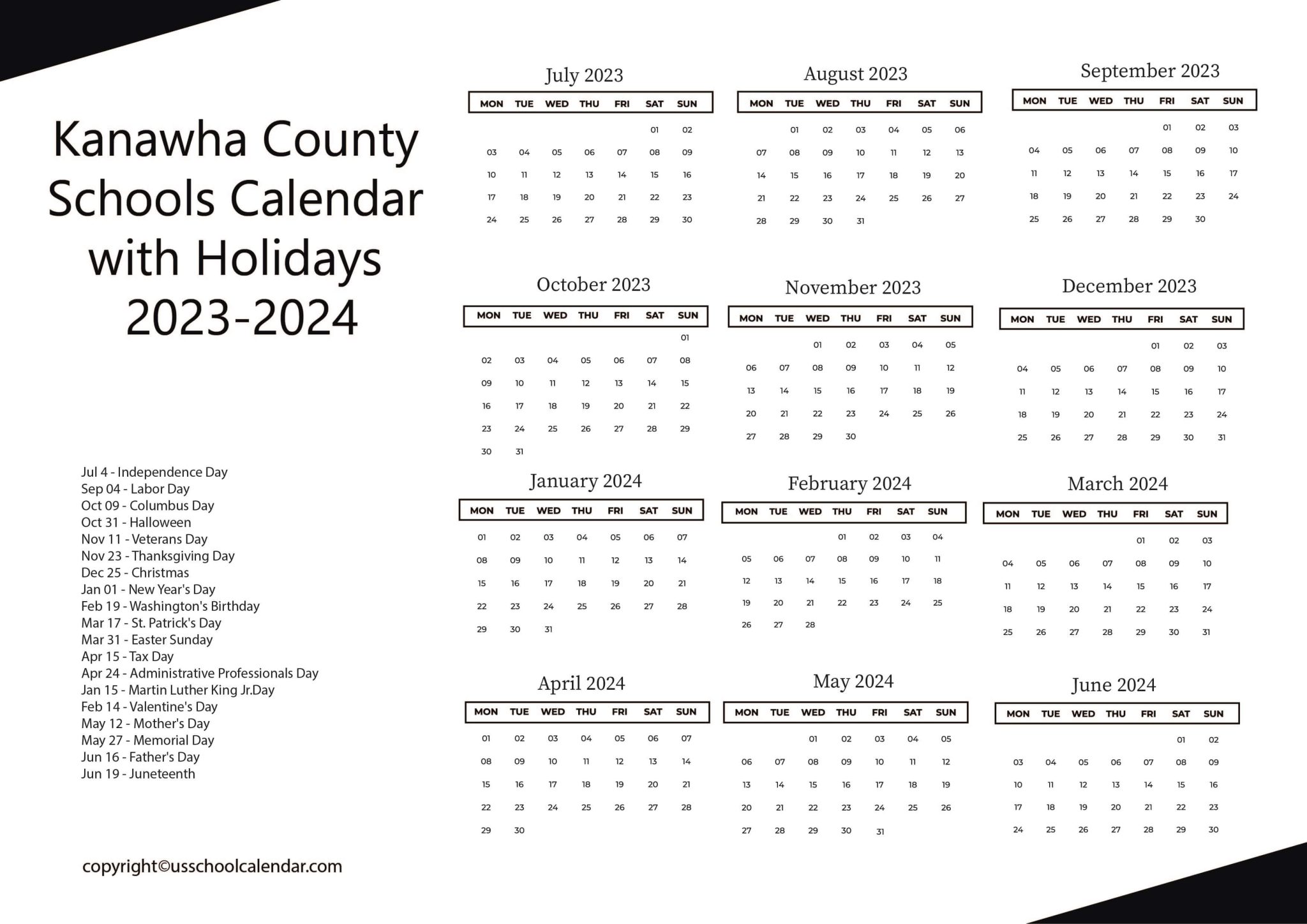 Kanawha County Schools Calendar with Holidays 20232024