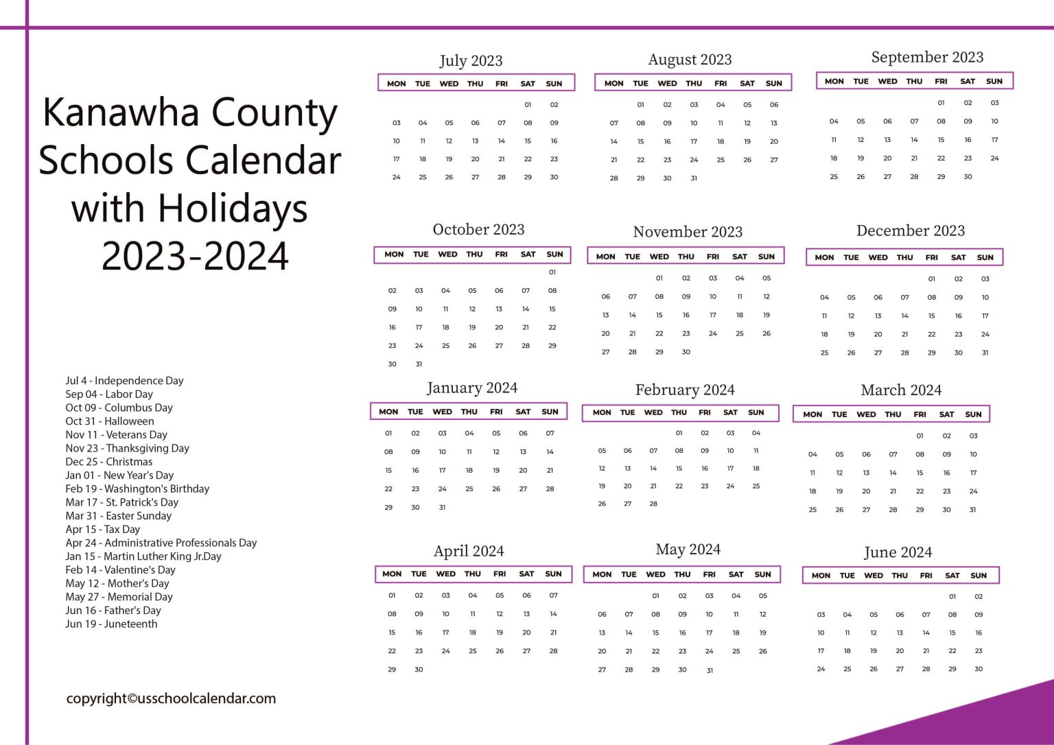 Kanawha County Schools Calendar with Holidays 20232024