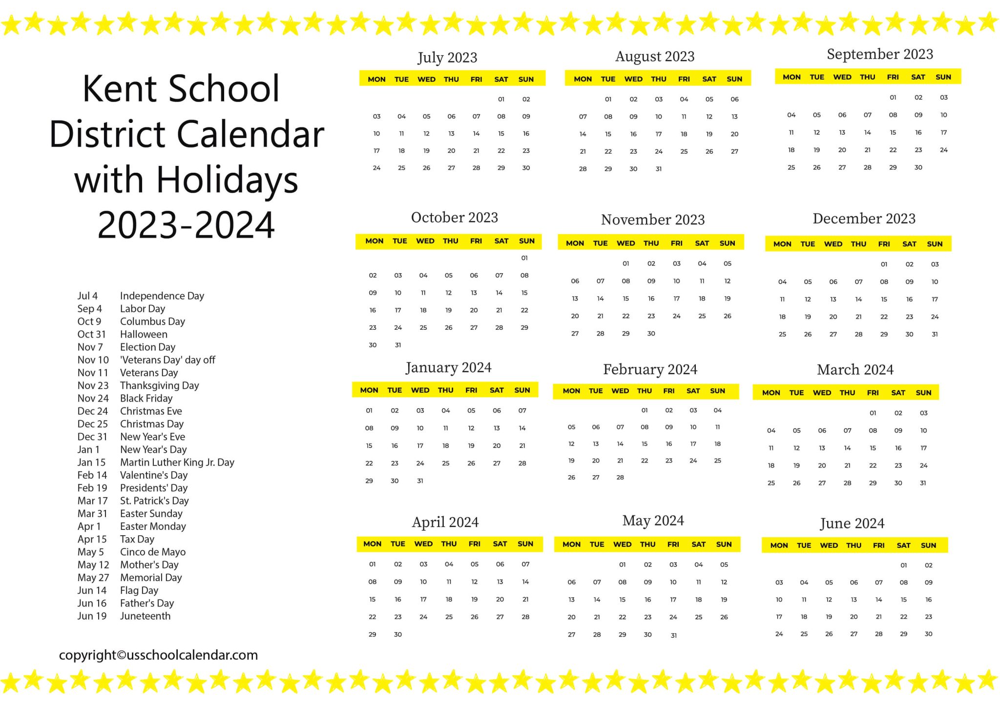 Kent School District Calendar with Holidays 20232024