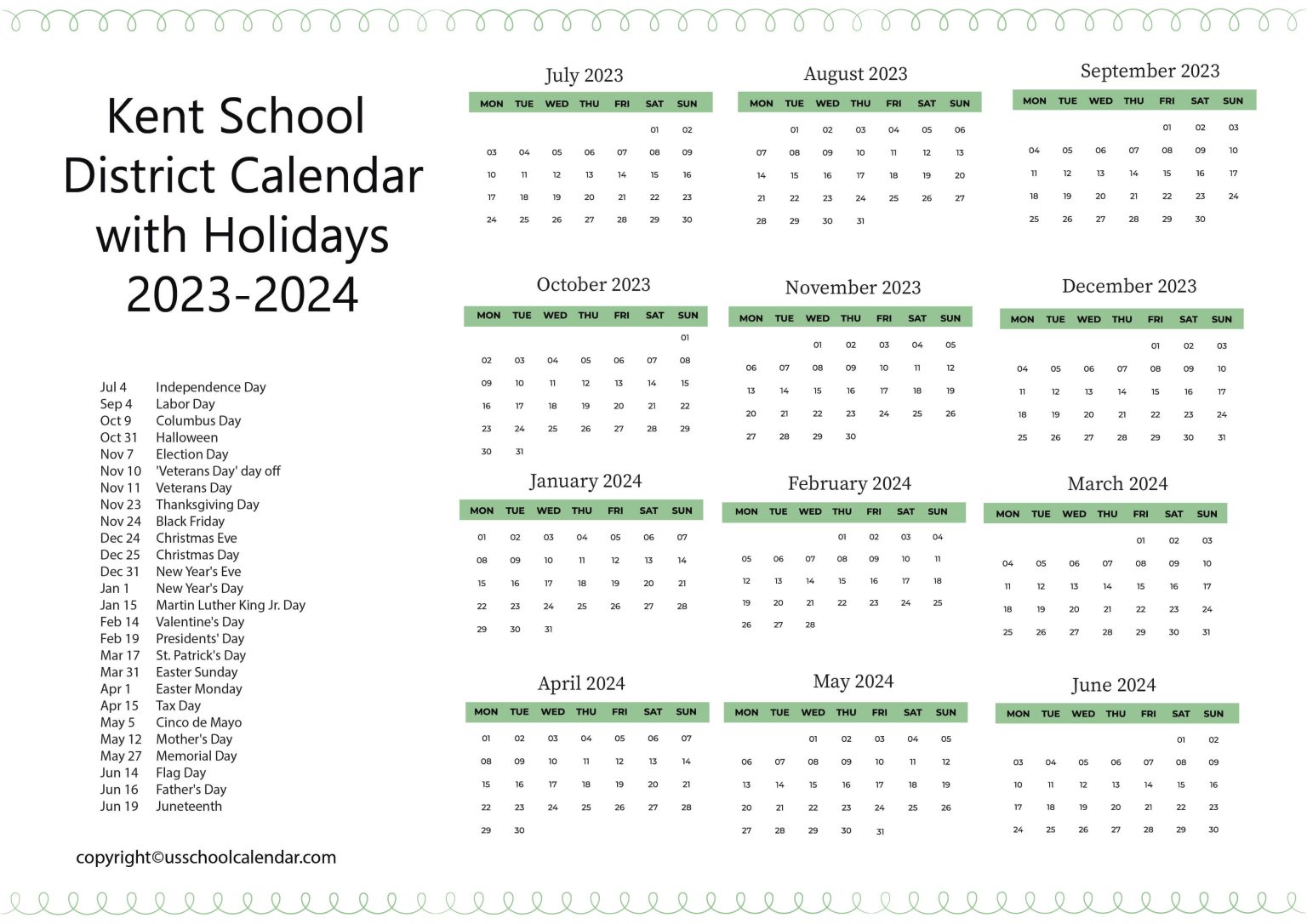 Kent School District Calendar with Holidays 2023-2024