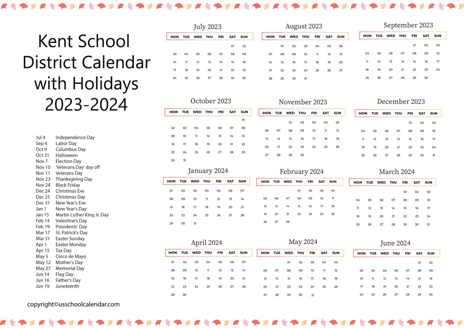 Kent School District Calendar with Holidays 20232024