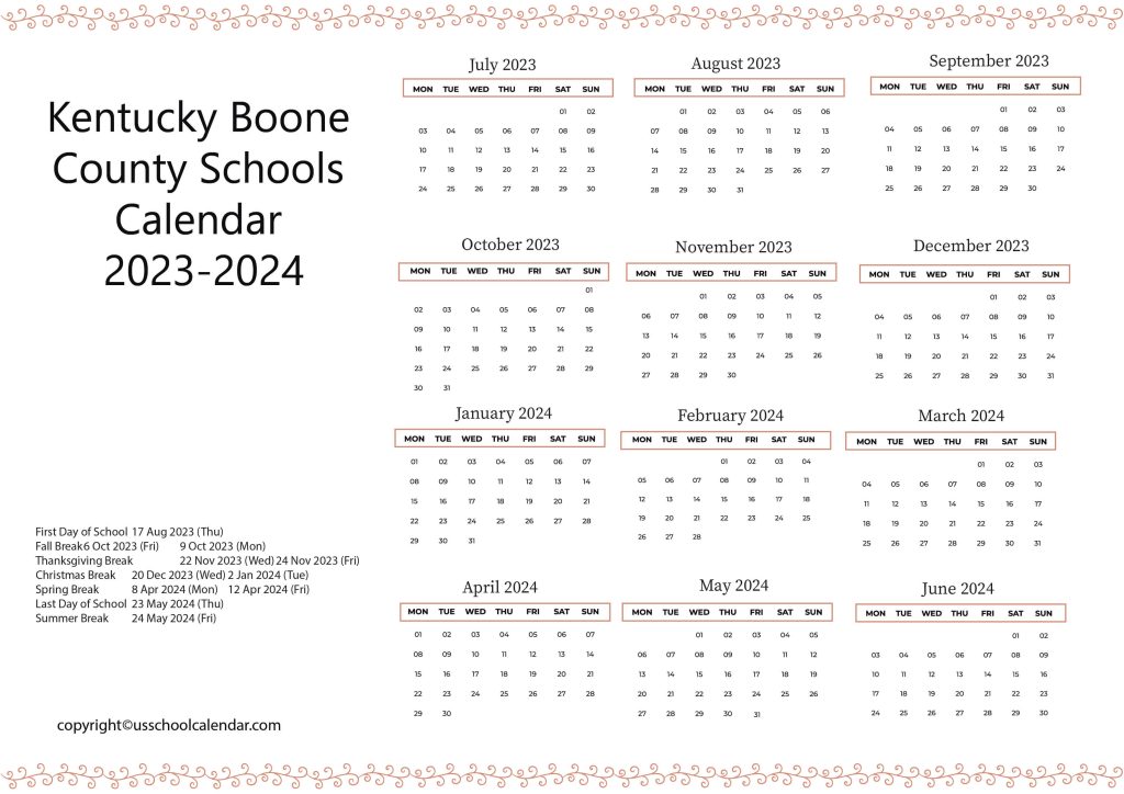Kentucky Boone Schools Academic Year Calendar