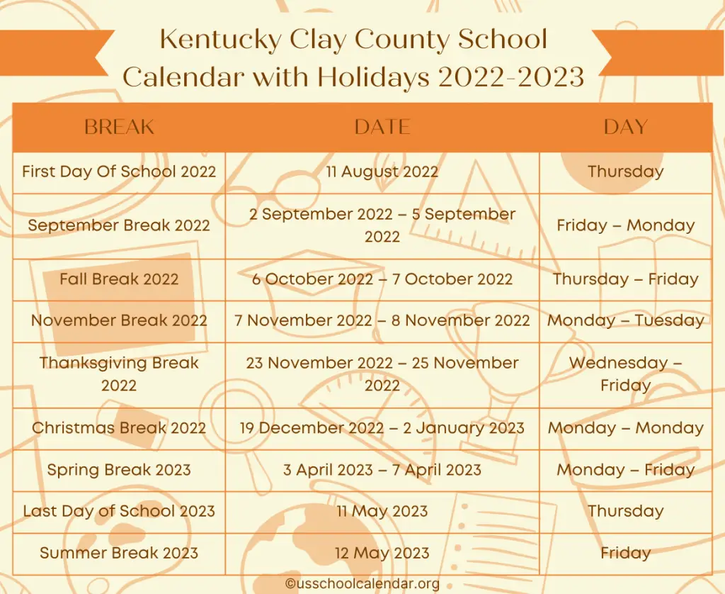 Kentucky Clay County School Calendar with Holidays 2022-2023