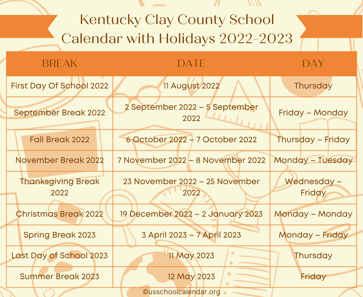 Kentucky Clay County School Calendar with Holidays 20222023