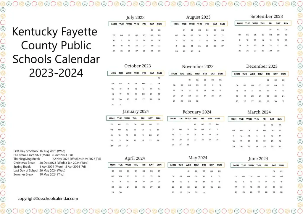 Kentucky Fayette County Public Schools Calendar