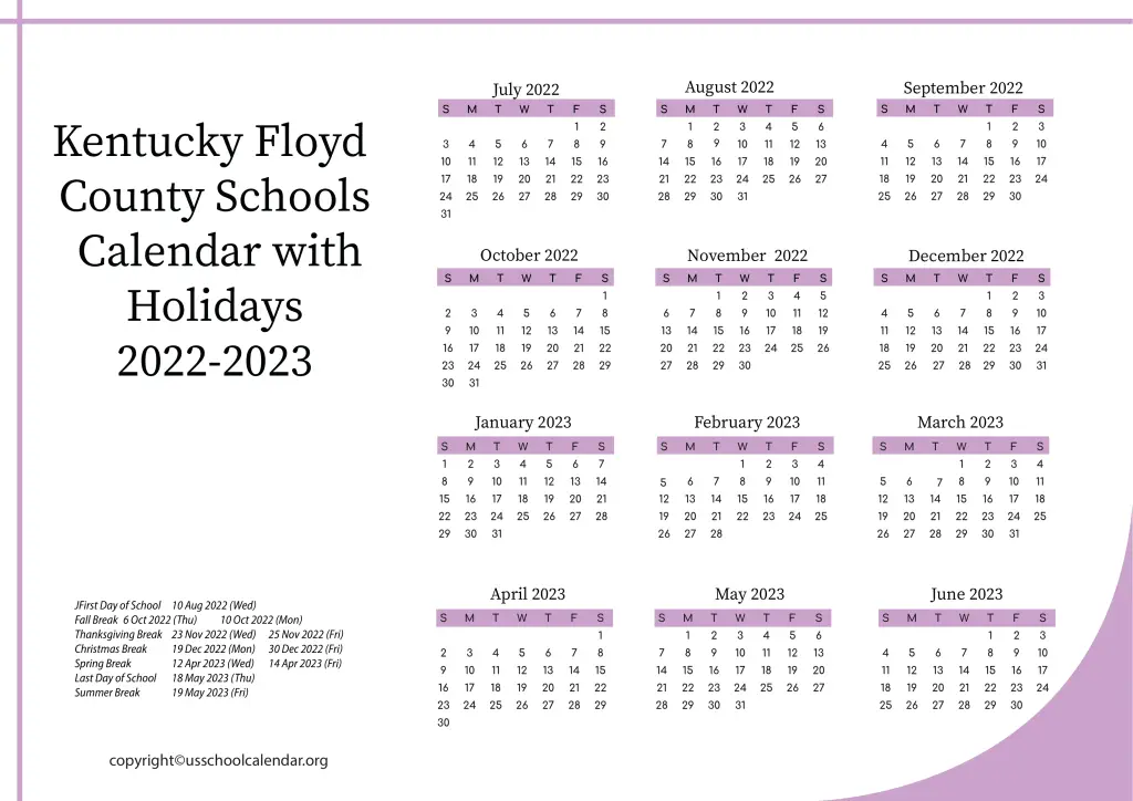 Kentucky Floyd County Schools Calendar with Holidays 2022-2023