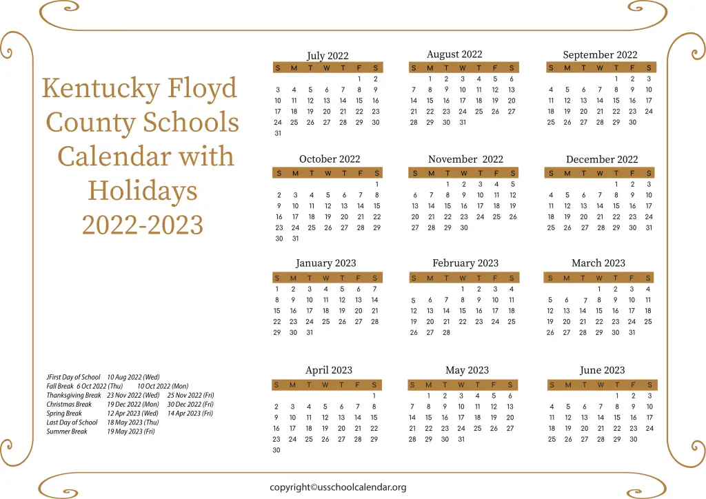 Kentucky Floyd County Schools Calendar with Holidays 2022-2023 2
