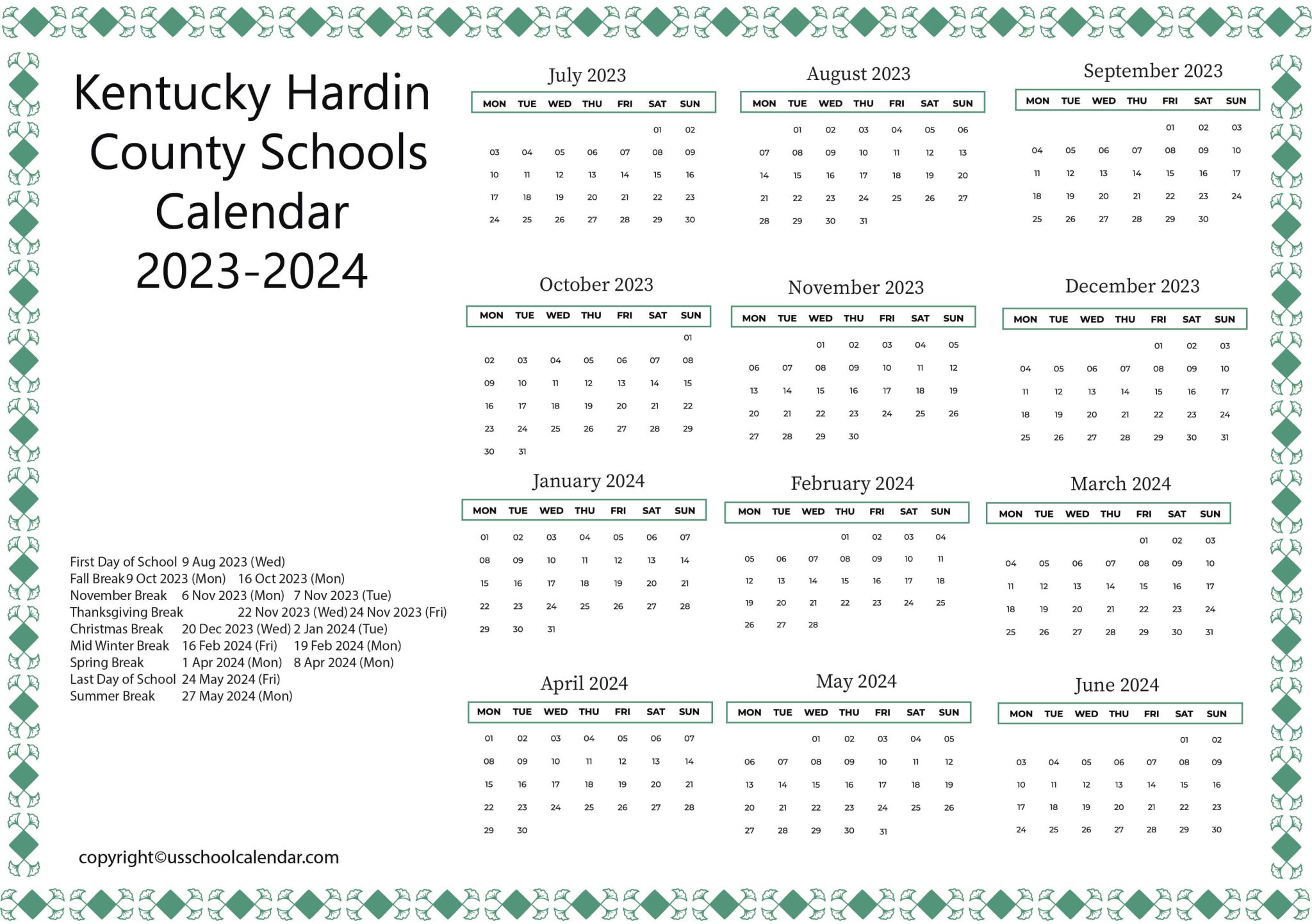 Kentucky Hardin County Schools Calendar 20232024