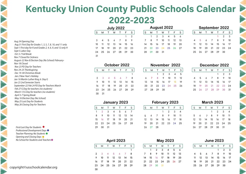 Kentucky Union County Public Schools Calendar 2022-2023