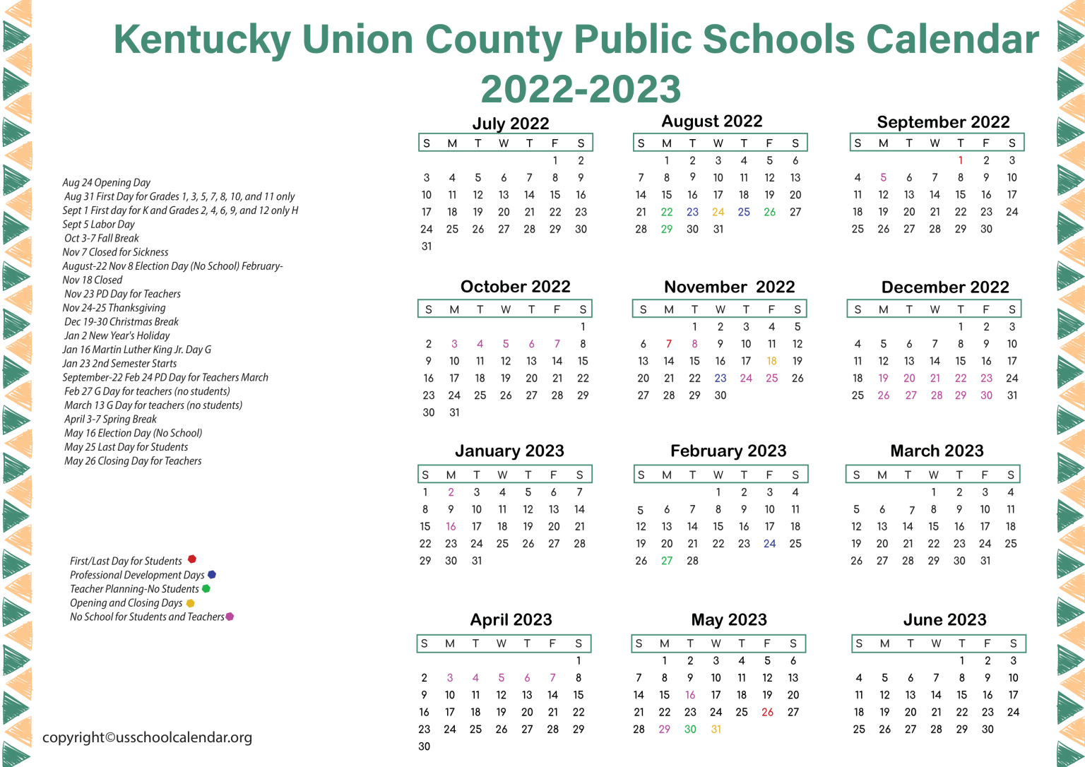 Kentucky Union County Public Schools Calendar 20222023
