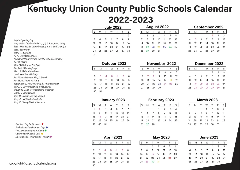 Kentucky Union County Public Schools Calendar 2022-2023 2
