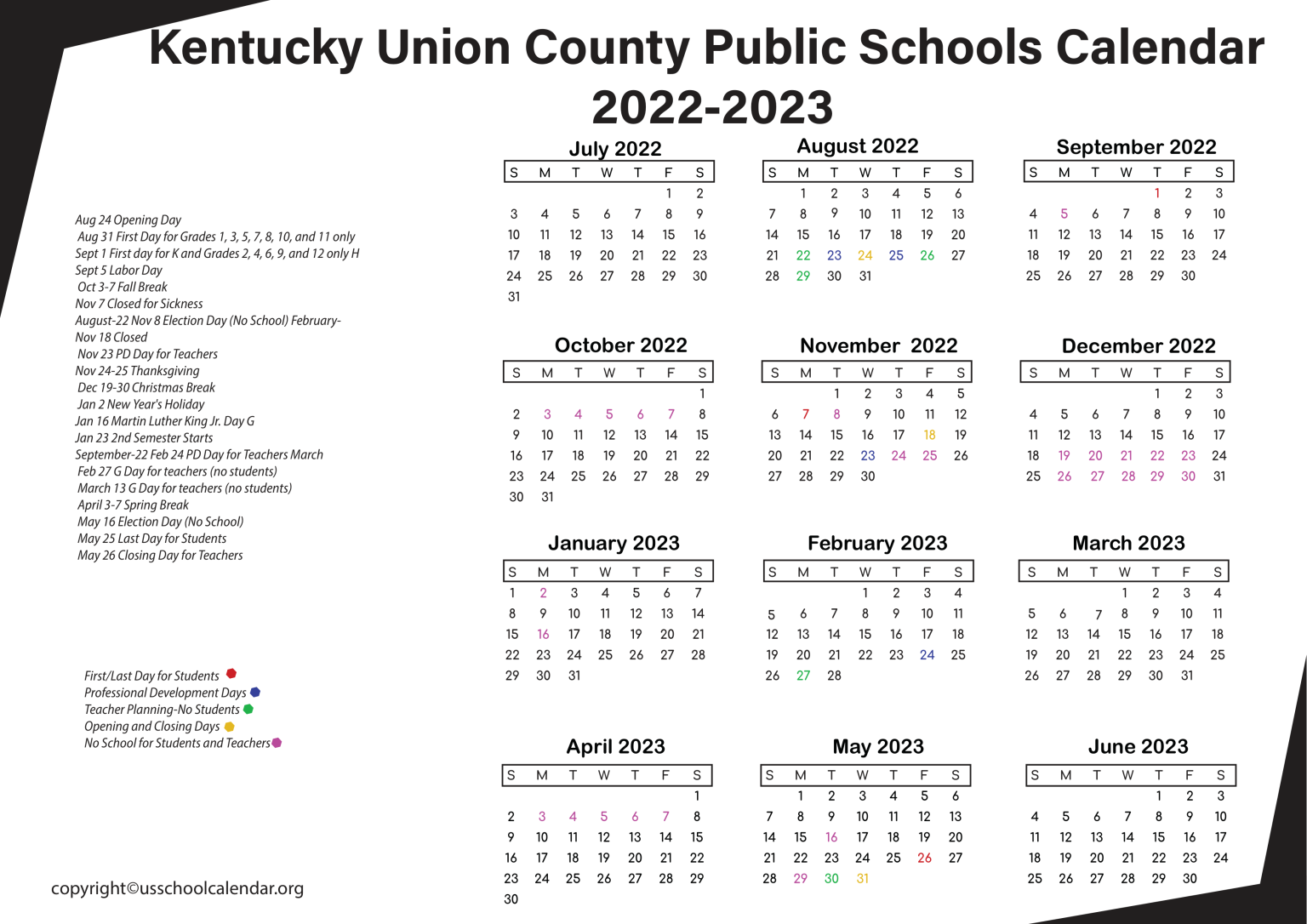 Kentucky Union County Public Schools Calendar 20222023